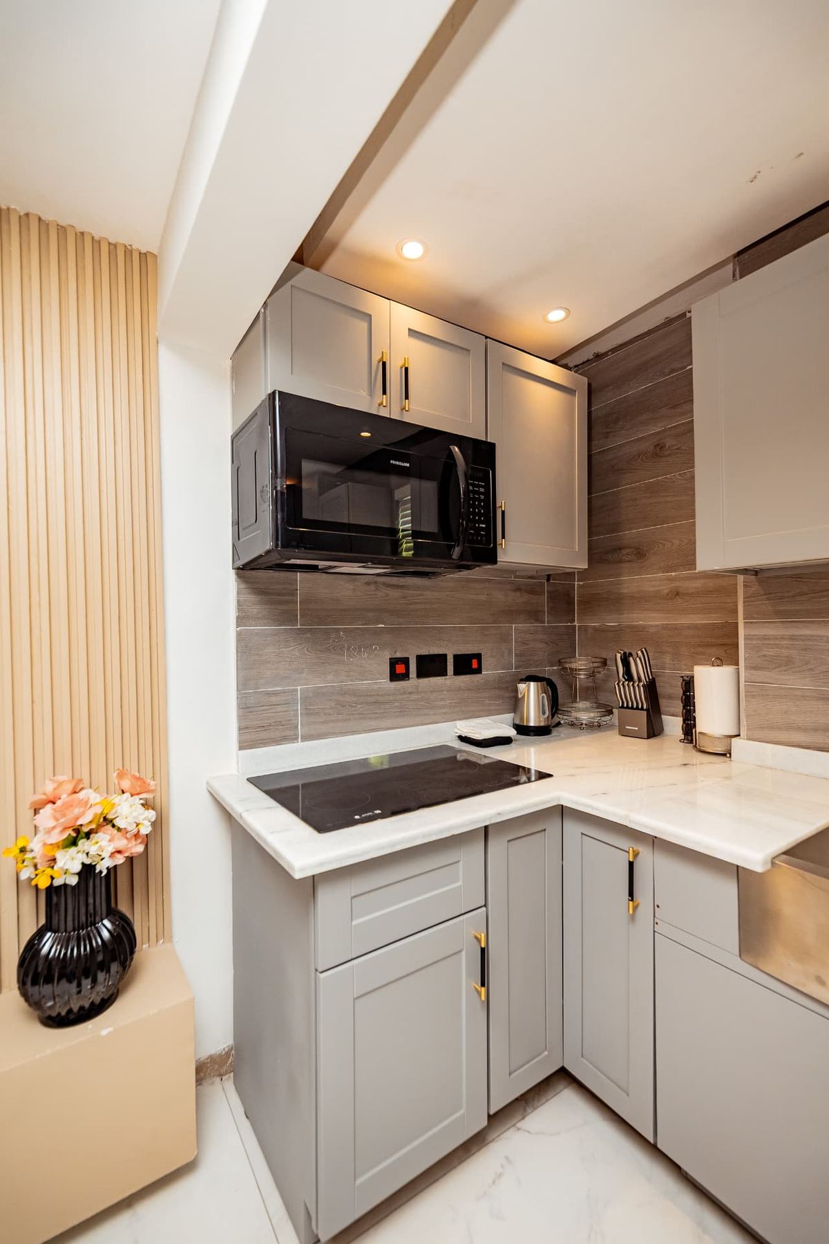 Unit 106 kitchen with induction hob, microwave, kettle and marble worktop